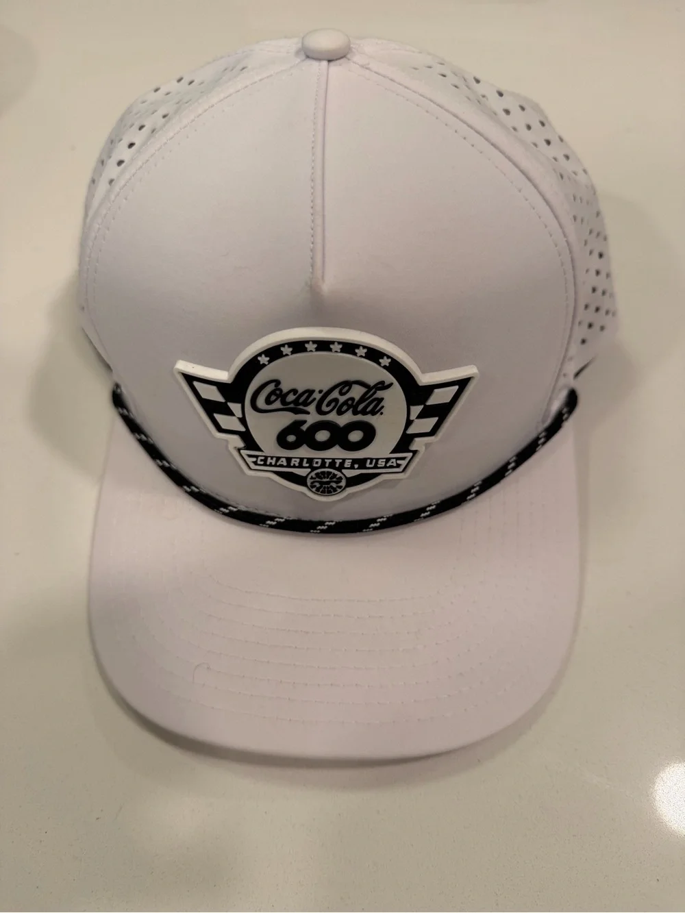 Coca Cola White Snapback Hat with Black Logo Patch and Rope Trim